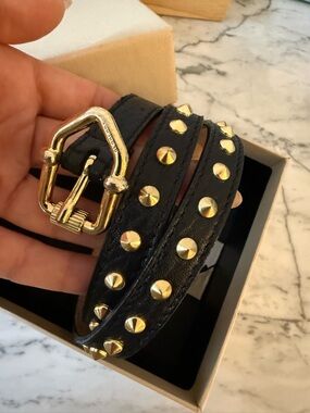 Black Burberry Leather Studded Belt with Gold Buckle - Women's Accessory